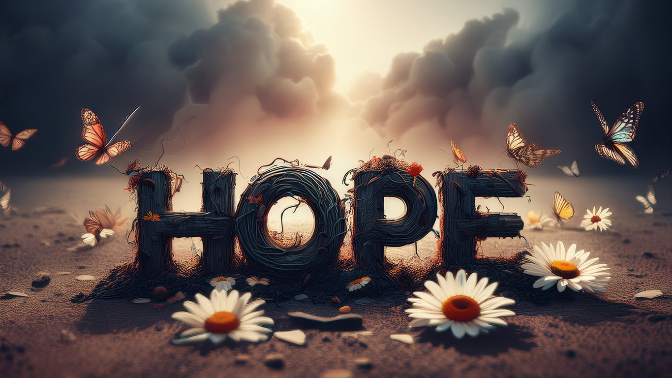 This was ai generated in photoshop using the following prompt: the word hope that has been beaten up and dragged around on a gravel road, tire marks run over dying daisies and tattered looking butterflies. there are plumes of smoke coming from the debris that hope has crawled from