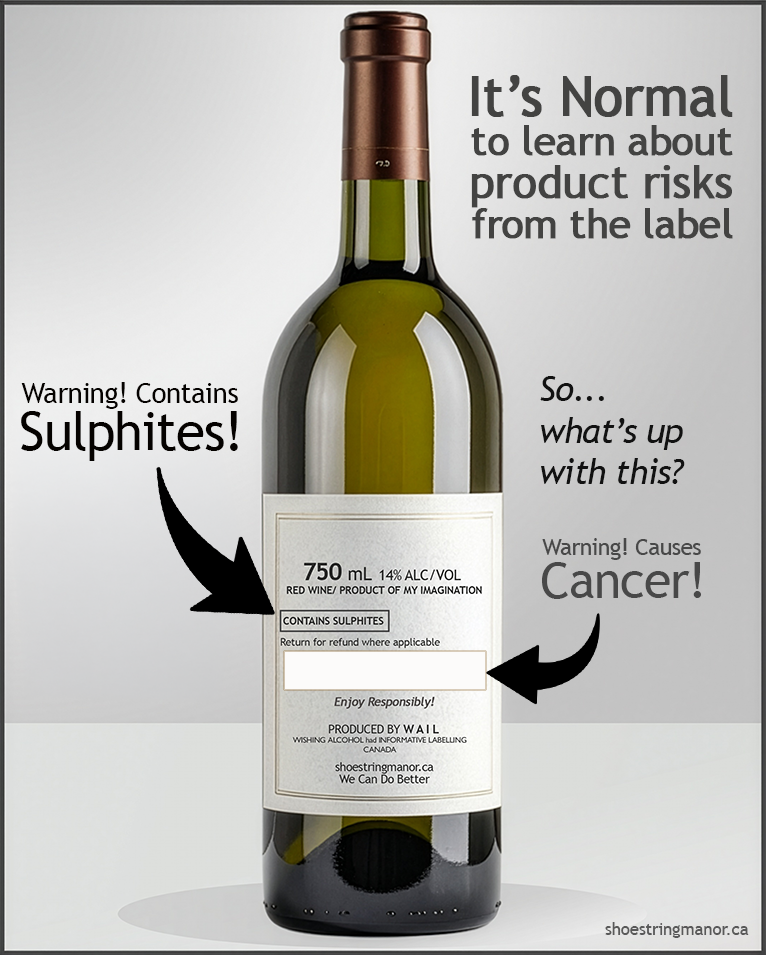 Mock wine bottle showing a warning label about sulphites but no warnings about causing cancer