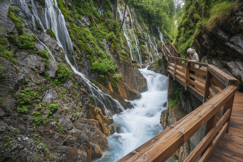 Woman standing on wooden bridge overlooking violent rapids. Intended to visualize helplessly watching termoil.
