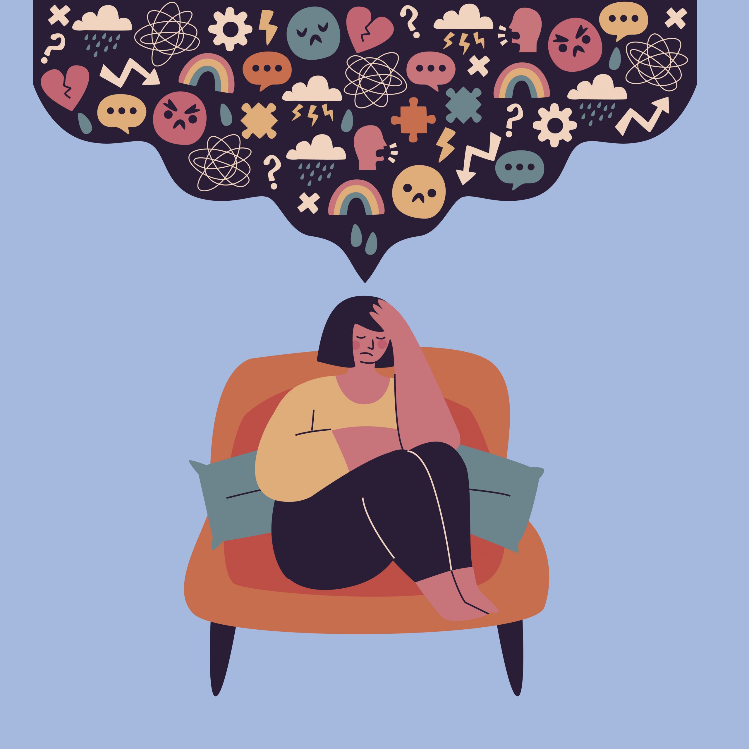 cartoon image of a woman in a chair with a mind bubble full of thoughts, overwhelmed